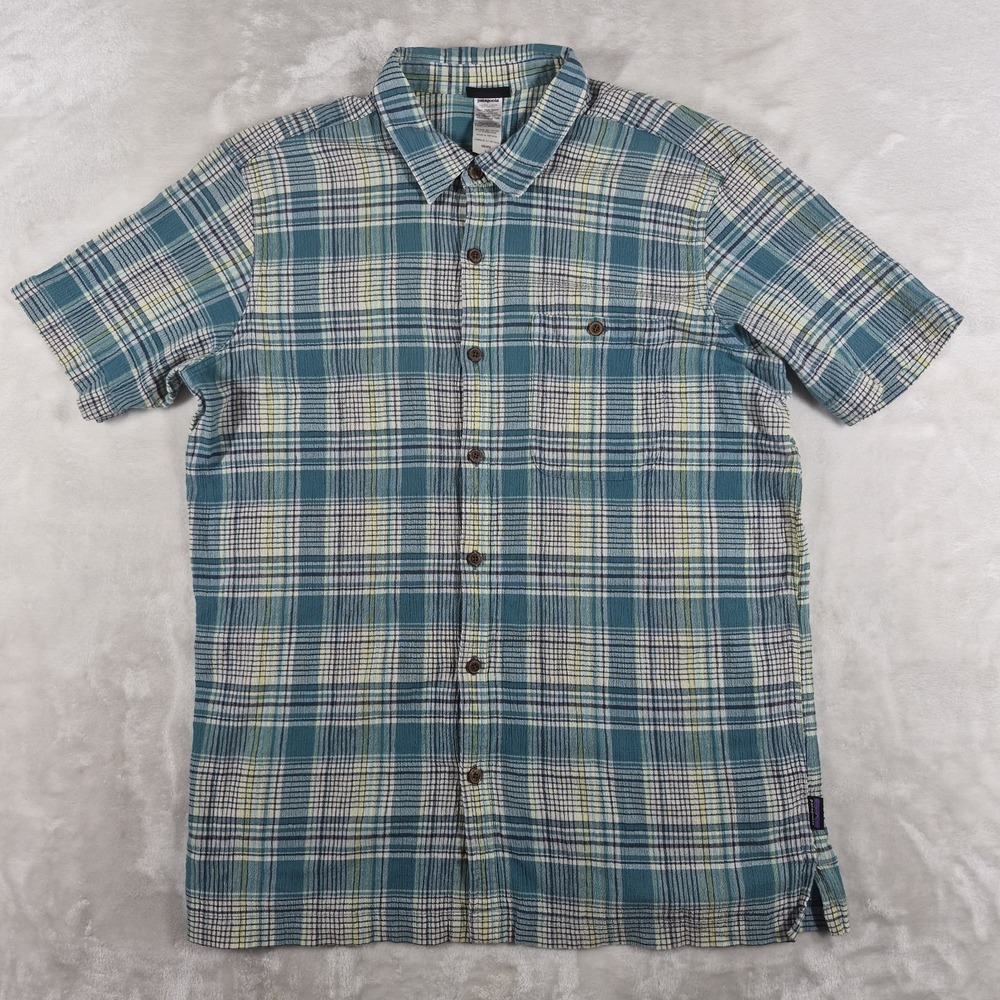 Patagonia A/C Shirt Men's Large Blue Plaid Lightweight Short Sleeve Button Up
